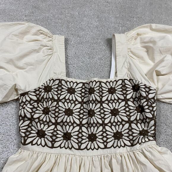 Love The Label Dress Womens Small White Puff Sleeve Embroidered Cotton Mini - Picture 2 of 11